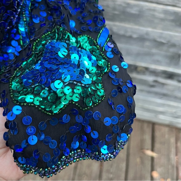 Vintage Laurence Kazar full Sequin and Beaded Blue and Green Silk Blazer Jacket - Picture 10 of 17